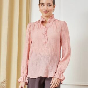 Flounce Full Sleeve Mandarin Collar Textured Top