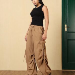 FashionPaglu Ankle Length Pleated Side Strap Detail Cargo Pant