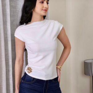 Pleated Mock Neck Extended Cap Sleeve Textured Top
